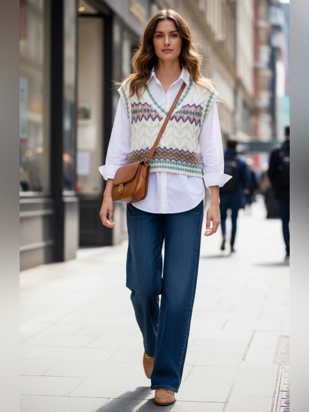 ZARA Oversized Cream Cable-Knit V-Neck Sweater Vest with Multicolor Fair Isle